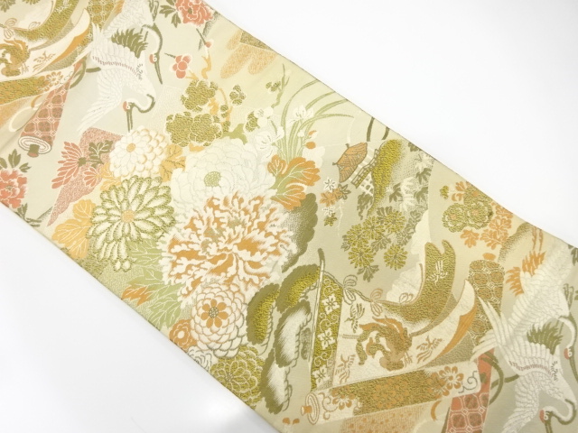 JAPANESE KIMONO / ANTIQUE MARU OBI / WOVEN CRANE & FLORAL PLANTS